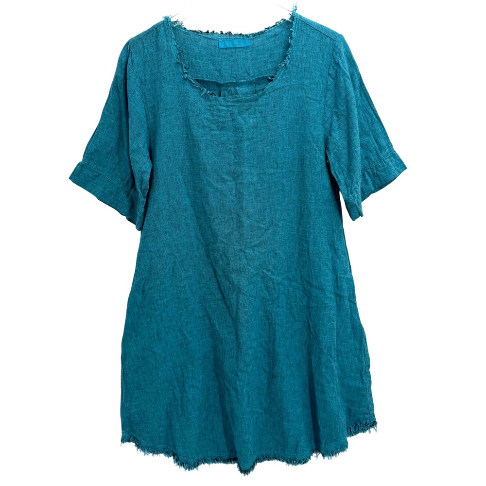 Cut Loose Linen Cotton Frayed Hem Tunic Dress Size M Teal Blue Pocket Lagenlook